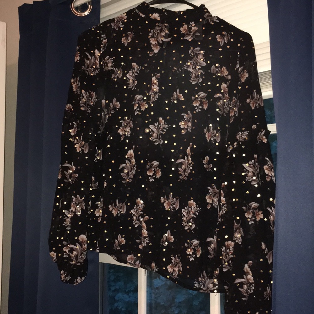 Sheer floral black and gold long sleeve blouse